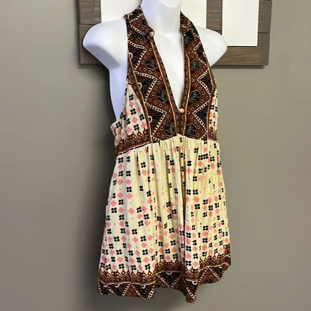 Free People Sleeveless Collared Boho Flowy Key Hole Tank V-Neck Tunic- Medium